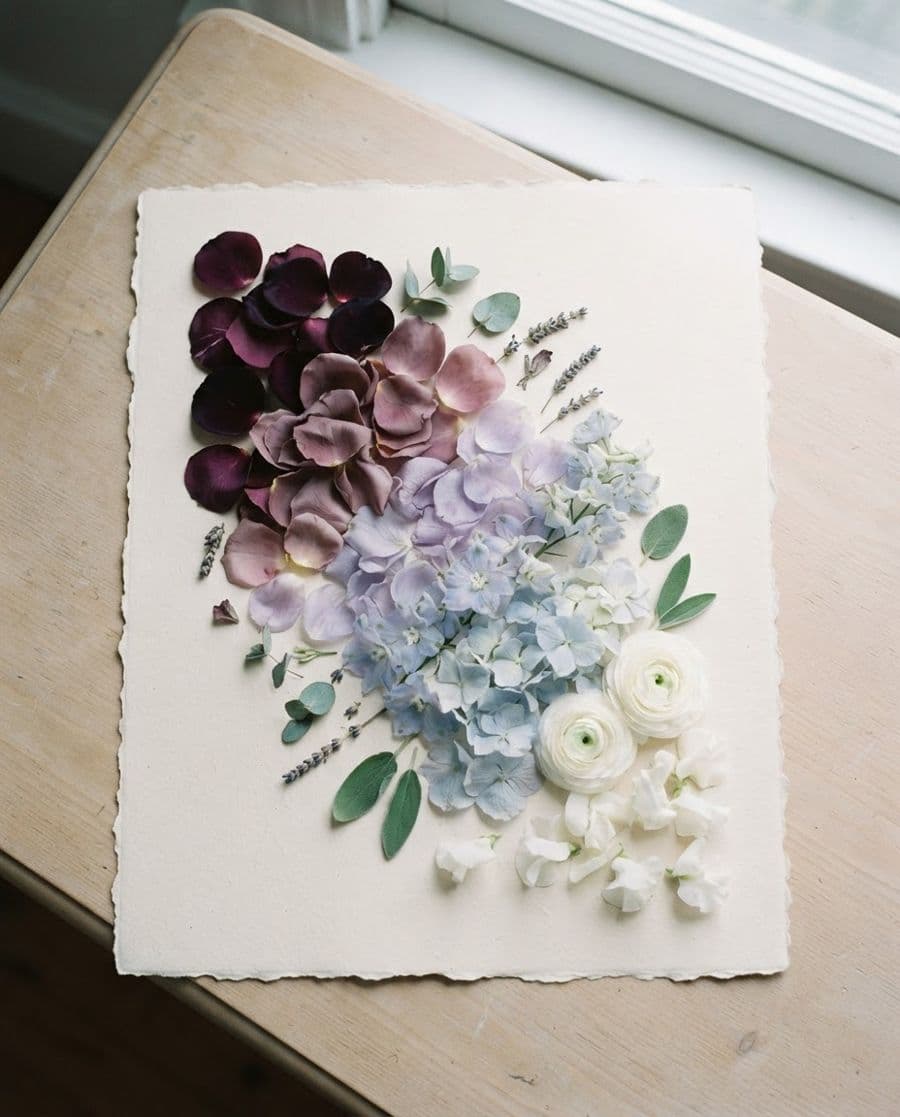 Wine, violet and sky petals laid out on handmade paper