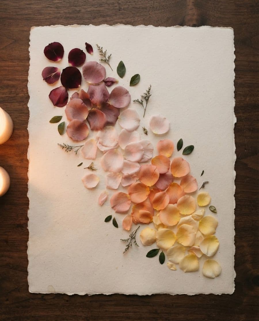 Wine, rose, blush, coral and butter petals laid out on handmade paper