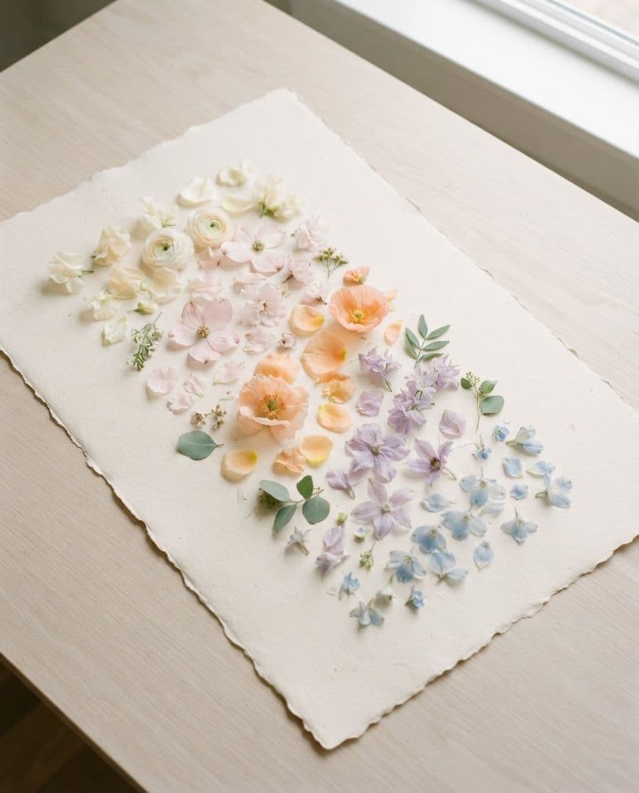 Ivory, blush and sky petals laid out on handmade paper