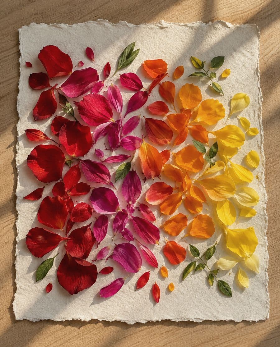 Scarlet, fuchsia, marigold and sunflower petals laid out on handmade paper