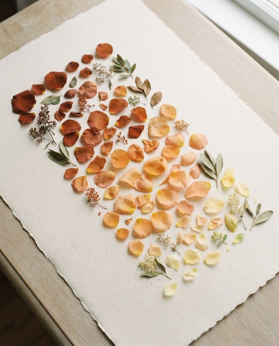 Rust to butter petals laid out in a gradient on handmade paper
