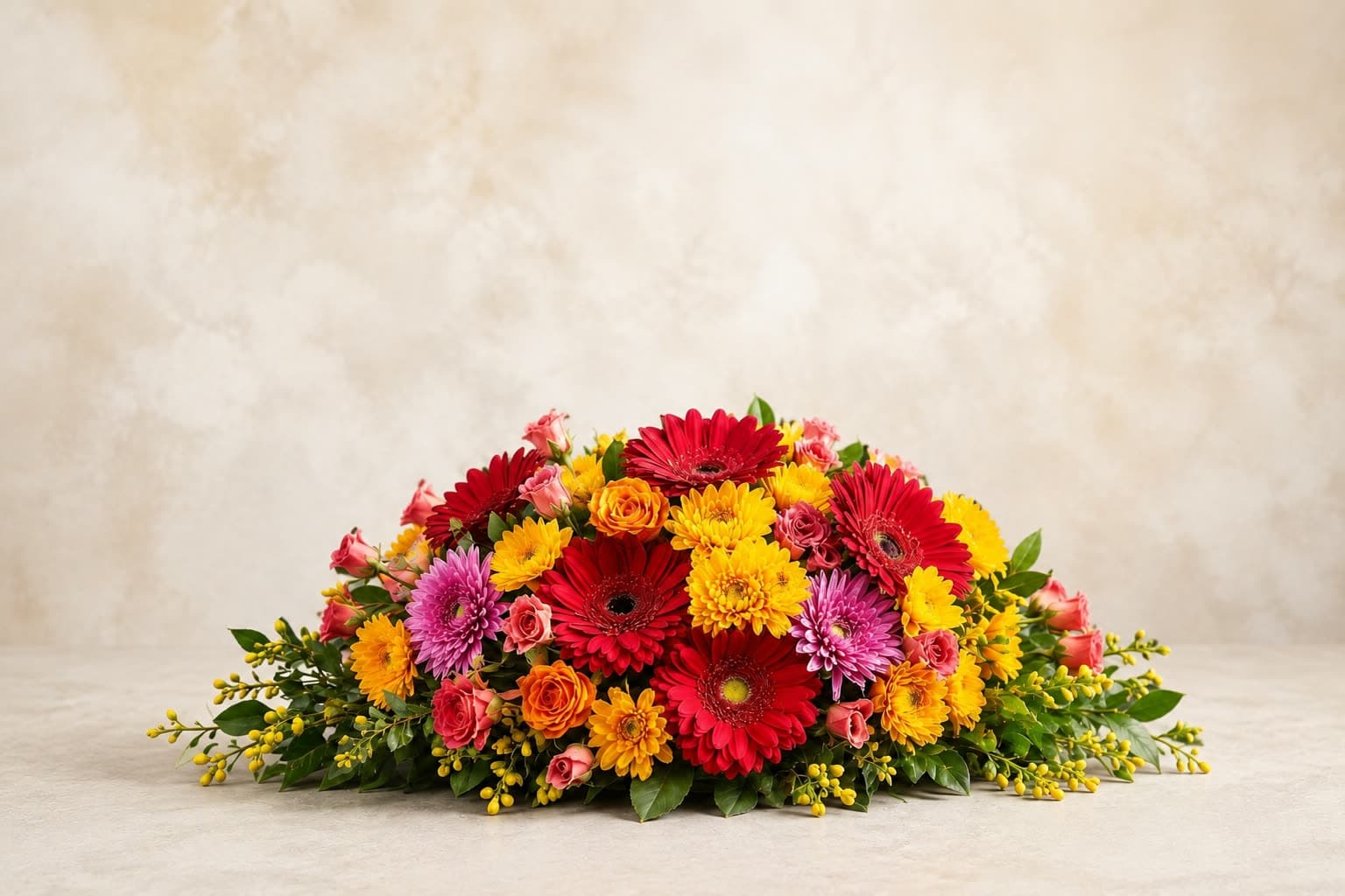 A long, low arrangement of gerberas, roses and chrysanthemums